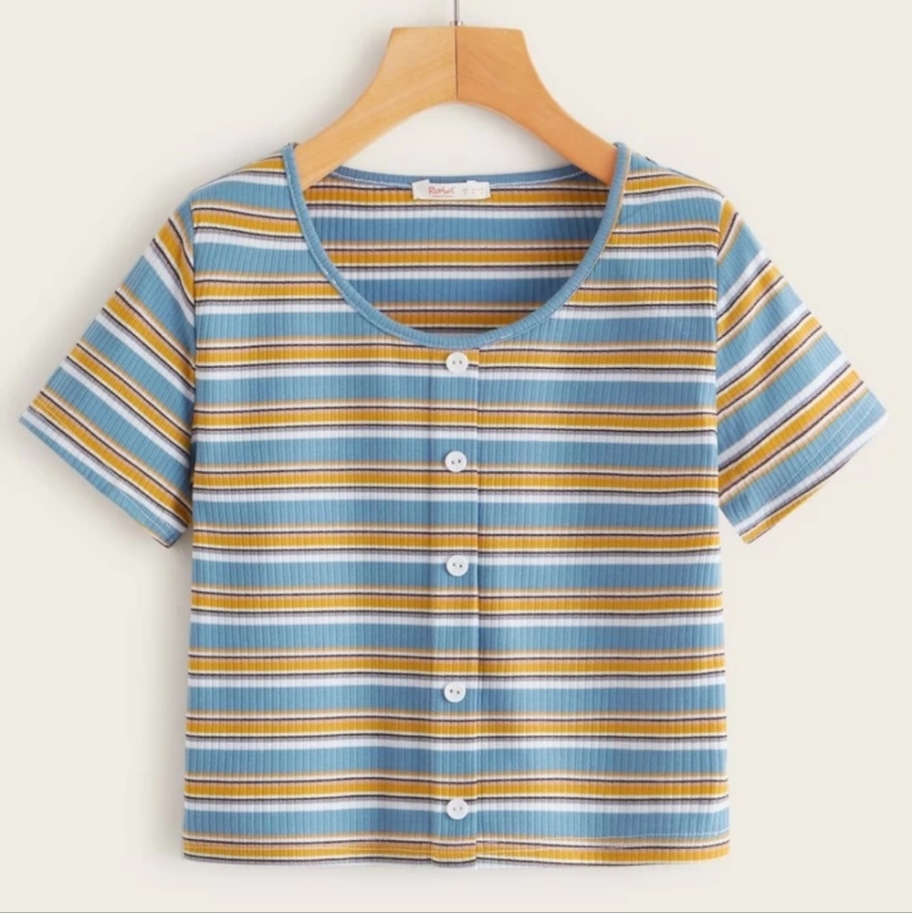 2/$20 | ROMWE | Striped Button Front Ribbed Tee - Picture 1 of 8